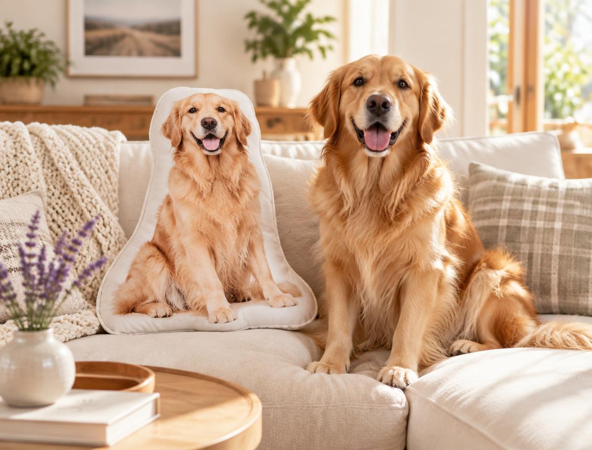 Golden retriever with its custom-shaped photo pillow on a sofa